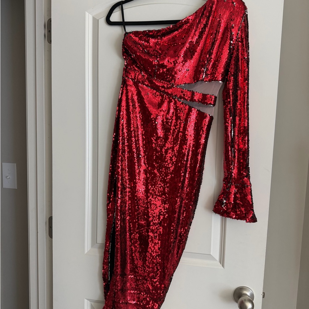 Red Sequin One-Shoulder Dress with slit